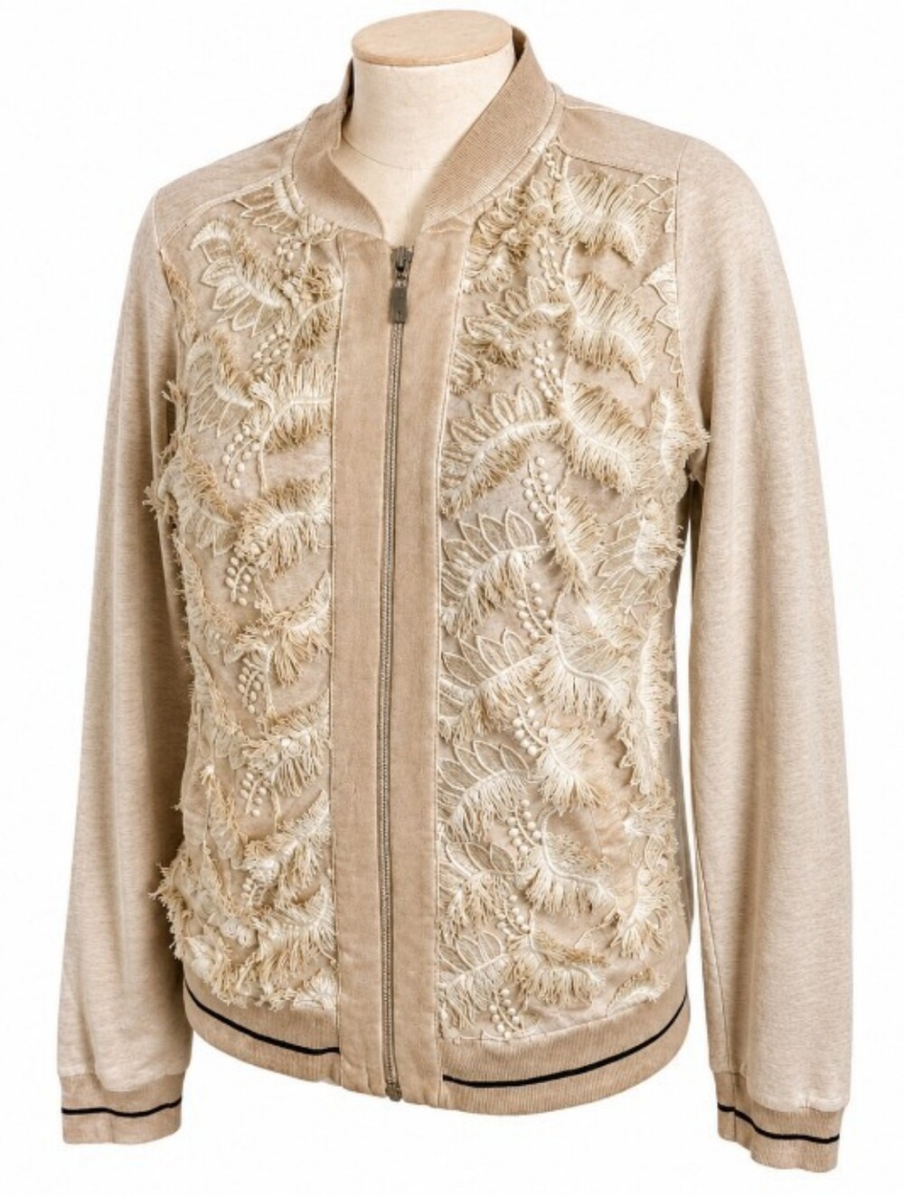 FROGBOX Zip Bomber Jacket Womens US S Beige Embroidered Fringe Marled Artsy Boho